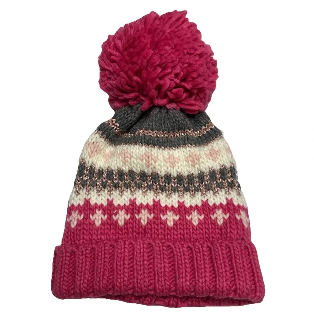 Childrens Place‎ Girls Pink Fair Isle Knit Pom Pom Beanie Hat Fleece Lined L/XL
